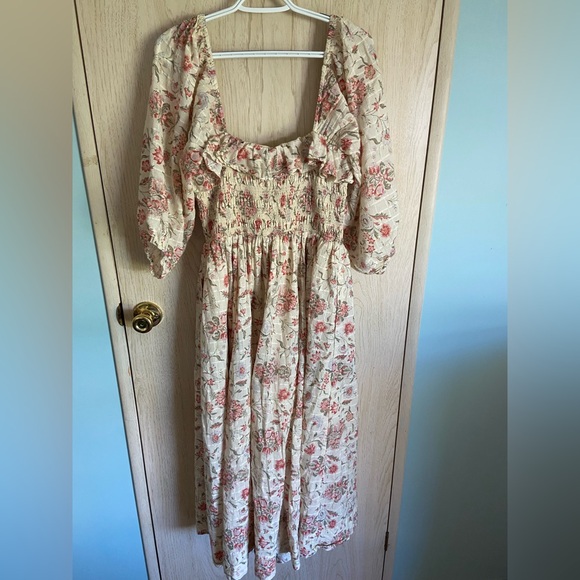 Free People Printed Oasis Shirred Smocked Square Neck Midi Dress Large - Picture 8 of 16